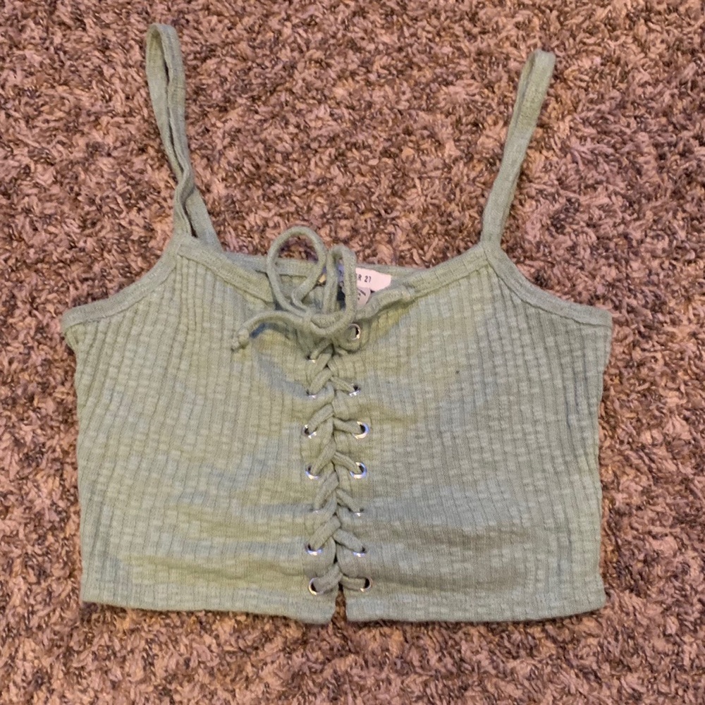 green ribbed lace up cropped cami top